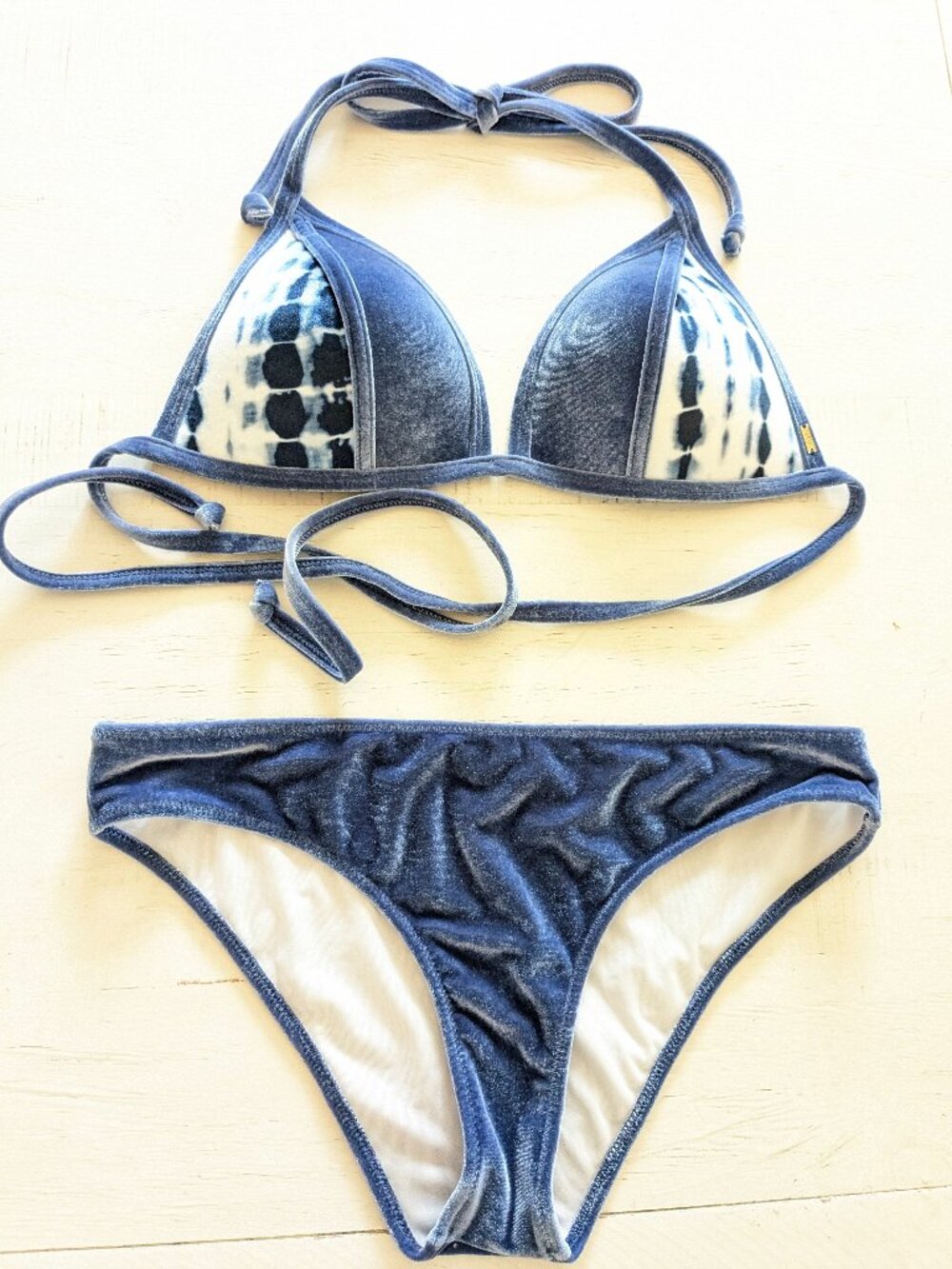 Victoria's Secret PINK Blue Velvet & Tie Dye Print Two Piece Bikini Set SZ Large